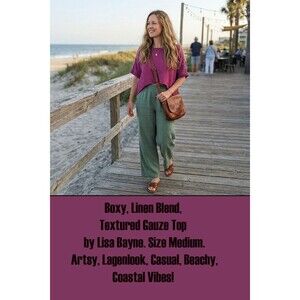 Lisa Bayne Medium Boxy Top Linen Gauze Women's Coastal Lagenlook Textured Beachy